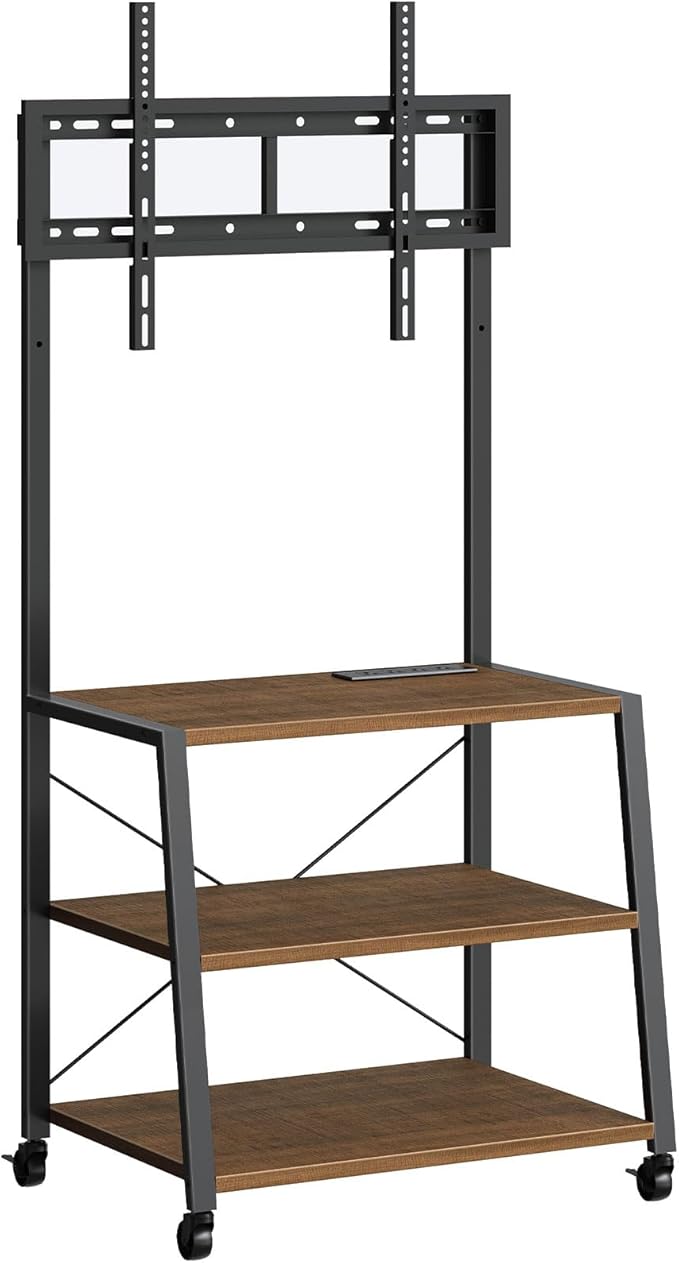 HOOBRO Rolling TV Stand with Mount and Power Outlet Up to 55 inch TV, Corner Entertainment Center, Small TV Stand with 3-Tier Storage Shelves for Living Room, Bedroom, Black and Walnut BH66UDS01
