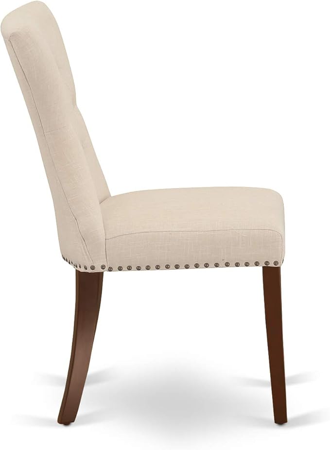 East West Furniture ESGA3-MAH-32 3 Piece Dining Table Set for Small Spaces Contains a Round Wooden Table with Pedestal and 2 Light Beige Linen Fabric Parson Chairs, 30x30 Inch, Mahogany