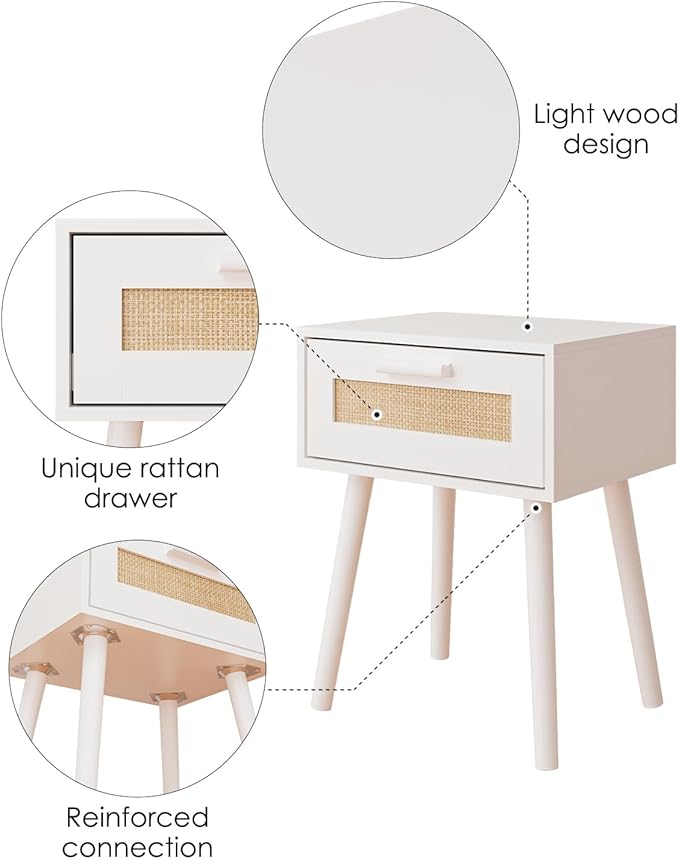 Bedroom Nightstands Wooden Night Stands with Rattan Weaving Drawer Home Bedside End Table for Bedroom Storage (Bohemian-White)