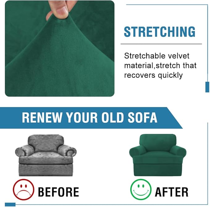 H.VERSAILTEX Sofa Cover 2 Piece T Cushion Armchair Slipcovers Thick Velvet Couch Cover Stretch T Cushion Sofa Covers for 1 Cushion Couch with 1 Individual T Cushion Covers, Vintage Green