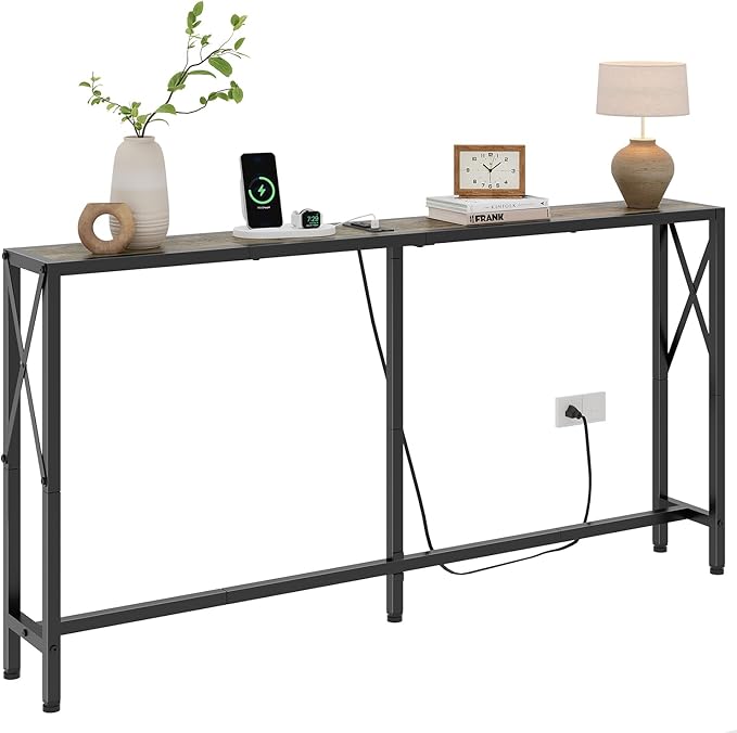 Sofa Table with Oulets and USB Ports, 55.1" Couch Table Behind Sofa, Industrial Long Skinny Stand for Hallway, Living Room, Bedroom, 6.5 Feet Power Cord