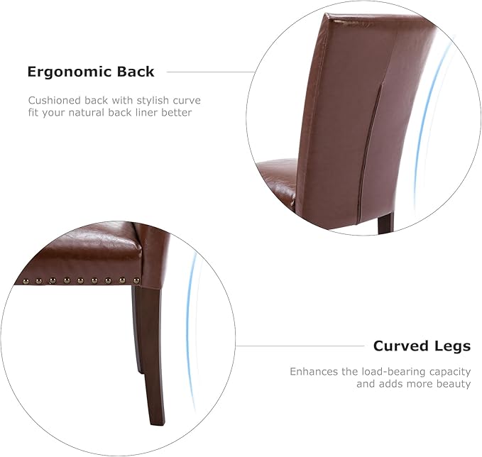 COLAMY Upholstered Parsons Dining Chairs Set of 2, PU Leather Dining Room Kitchen Side Chair with Nailhead Trim and Wood Legs - Light Brown