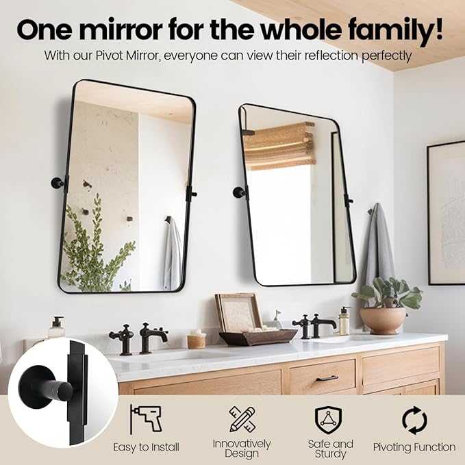 MOON MIRROR Matte Black Pivot Mirror Bathroom, Tilt Rounded Rectangular Bathroom Vanity, Overall 24.33x30 in (Mirror 20x30 in)