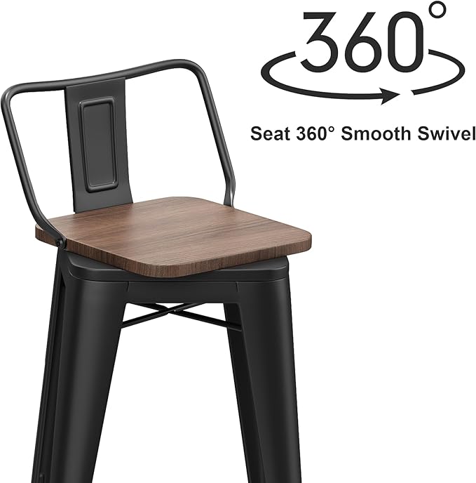26 Inch Swivel Bar Stools Set of 4 with Backs Counter Height Industrial Metal Barstools Island Bar Chairs for Home Kitchen Dining Room (Swivel 26 inch,Matte Black Wooden)