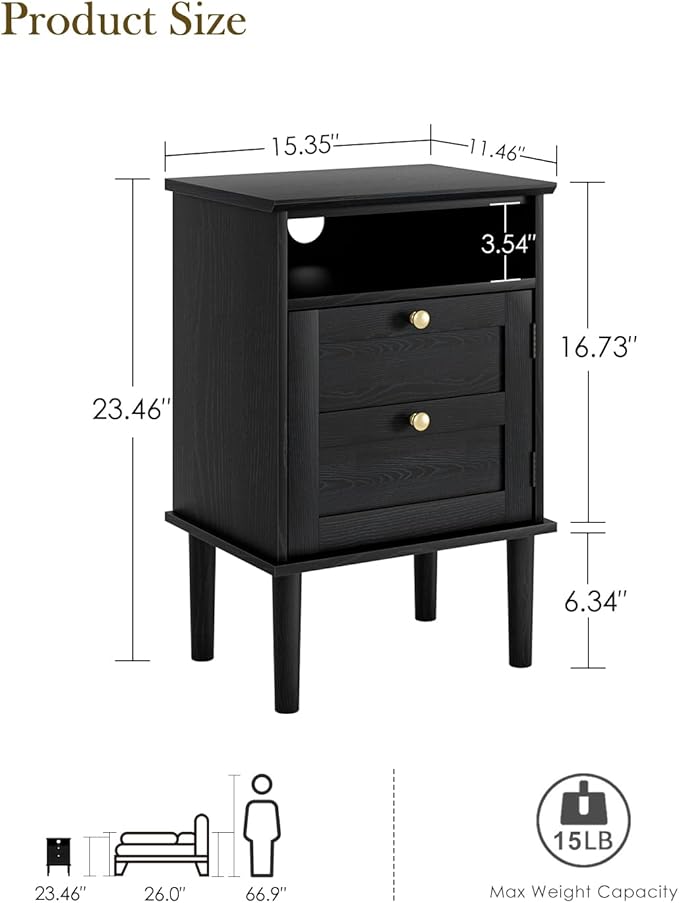Nightstand, Boho Night Stand with 1 Drawers, Modern Side Accent Table with Open Shelf, Wooden Top Bedside End Table for Bedroom, Living Room, Black