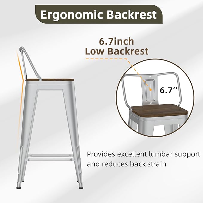 30 Inch Swivel Bar Stools Set of 4, Counter Height Bar Stools with Low Back, Metal Industrial Bar Chairs for Kitchen Island (Silver)