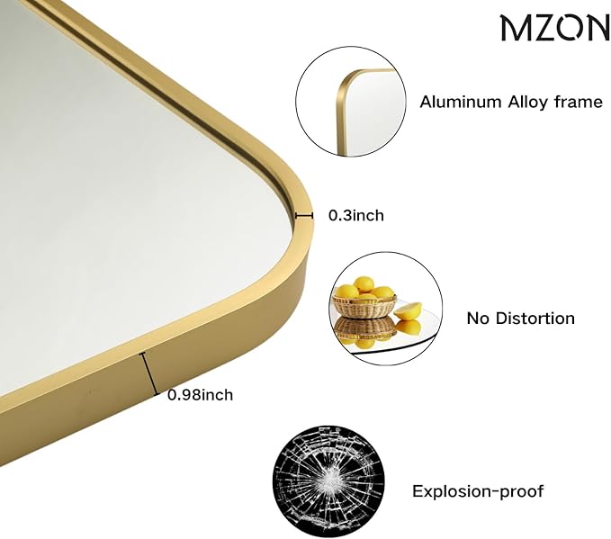 MZON 24x32 Inch Gold Bathroom Mirror – Brushed Gold Rectangular Vanity Mirror, Wall-Mounted, Anti-Rust Metal Frame, Tempered Glass, Vertical & Horizontal Hanging