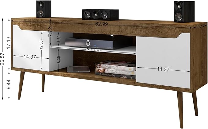 Manhattan Comfort Bradley Mid Century Modern TV Stand for Televisions up to 60 Inches, Living Room Entertainment Center with Storage, Media Shelves and Soft Close Doors, Rustic Brown/White