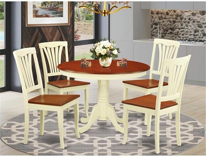 East West Furniture HLAV5-BMK-W 5 Piece Kitchen Table Set for 4 Includes a Round Dining Table with Pedestal and 4 Dining Room Chairs, 42x42 Inch, Buttermilk & Cherry