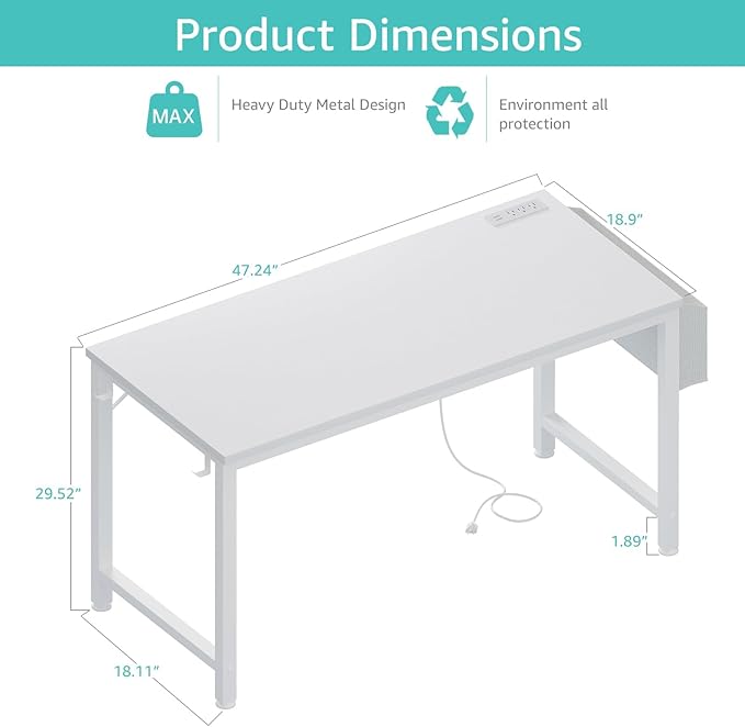 Lufeiya White Computer Desk with Power Outlet, 47 inch Teen Study Table Home Office Work Writing Gaming Desks with Charging Station Outlets Built in, White