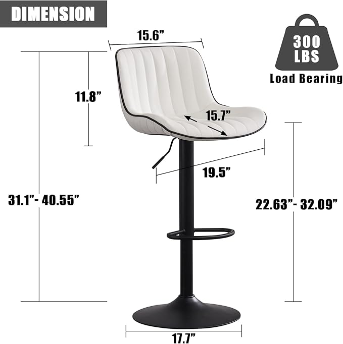 YOUNIKE White Bar Stools Set of 2 Kitchen Counter Height Barstools Upholstered Swivel Modern Faux Leather Bar Chairs with Backs Adjustable High Breakfast Island Stool with Metal Leg