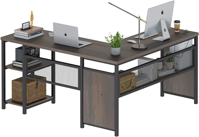 FATORRI L Shaped Desk, Industrial Reversible Home Office Computer Desk with Wood Shelves, Corner Desks with Metal Legs (Walnut Brown, 59 Inch)