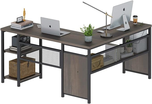 FATORRI L Shaped Desk, Industrial Reversible Home Office Computer Desk with Wood Shelves, Corner Desks with Metal Legs (Walnut Brown, 59 Inch)