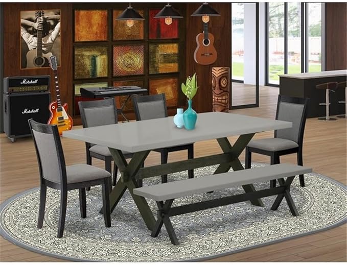 East West Furniture X697MZ650-6 6 Piece Dinette Set Contains a Rectangle Dining Table with X-Legs and 4 Dark Gotham Grey Linen Fabric Parson Chairs with a Bench, 40x72 Inch, Multi-Color