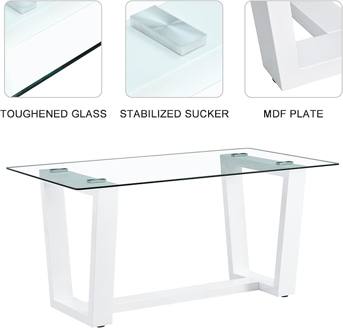 63" Modern Glass Dining Table with Rectangular Tempered Tabletop,Dinner Desk Set for 6-8 People W/Trapezoid Bracket,for Home,Kitchen,Dining Room,Office,White+Clear Finish