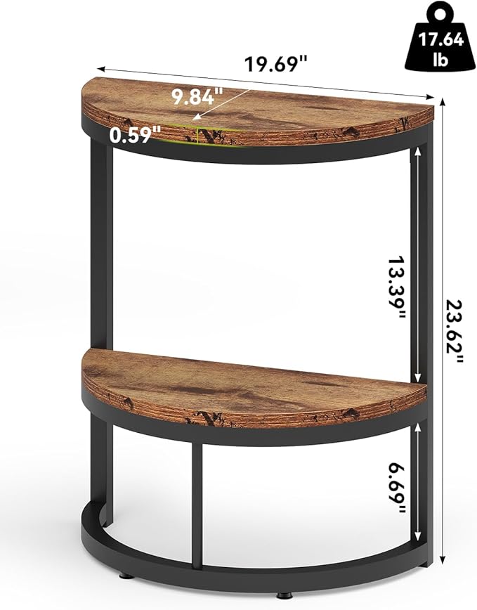 LITTLE TREE 2-Tier End Table Half Round with Storage Shelf, Small Side Table Space Saving Narrow Accent Table for Living Room Sofa Couch, Bedroom, Rustic Brown