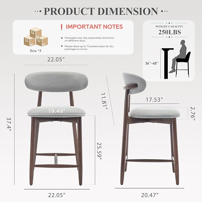 Upholstered Counter Height Bar Stools Set of 6, Kitchen Island Stools with Back, Modern Counter Barstools Bar Chairs with Wood Legs, Light Grey