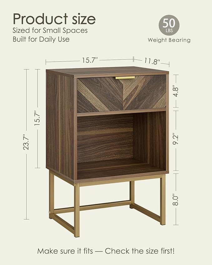 Nightstand, Boho Night Stand Wood Farmhouse Bedside Table with Storage, End Side Table for Bedroom,Living Room,Walnut