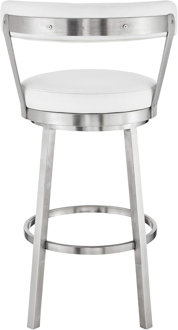 Armen Living Bryant Modern 30" Seat Height White Faux Leather and Brushed Stainless Steel Metal Swivel Bar Stool for Kitchen Island Counter