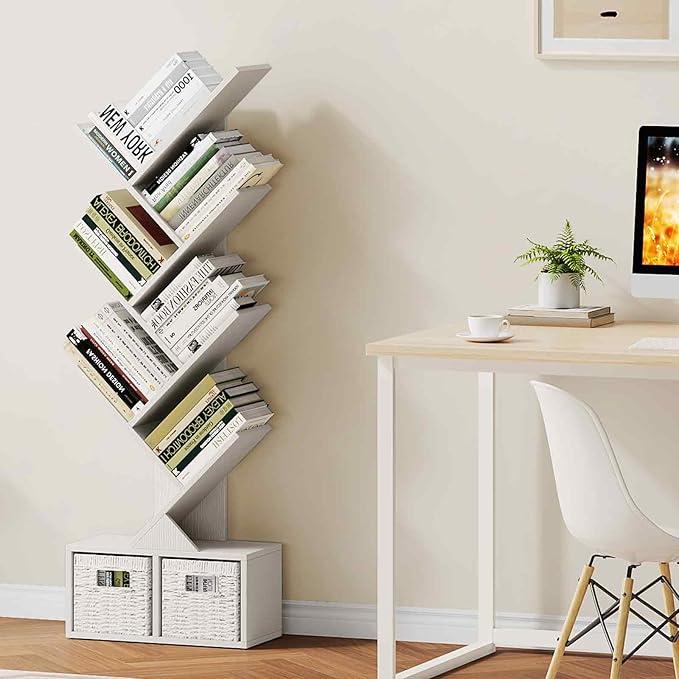 Vagusicc Tree Bookshelf, 6 Tier Bookshelf with Storage, Tall Narrow Bookcase, Rustic Wood Book Storage Rack for CDs/Books, Small Book Organizer Shelves for Bedroom, Living Room, Home Office, White