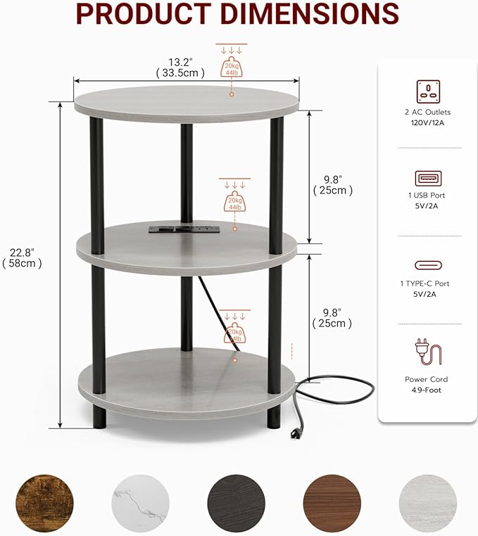 Small Round End Table - 3 Tier Design Accent Table, Narrow Side or Bedside Stand, Industrial Vintage Table for Small Spaces, Built-in USB Ports and Power Outlet, Greige