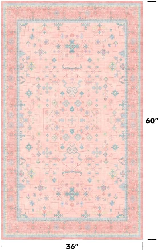 Washable Pink Nursery Rug, 3x5 Area Rugs for Entryway, Kitchen, Bedroom - Boho Modern Floral Distressed Oushak Design, Soft Faux Wool Low Pile Non Slip Stain Resistance Carpet