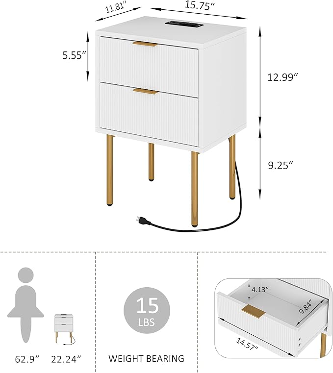 Nightstand,Small Bedside Table with Gold Frame,Morden Night Stand with 2 Drawer,End Table,Side Table with Drawer and Shelf for Bedroom,Living Room (White-2Drawer-Outlet)