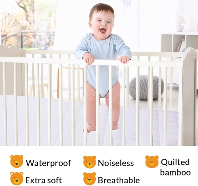Mini Crib Mattress Protector 100% Waterproof, Noiseless – Viscose Made from Quilted Ultra Soft White Terry Fitted Sheet Style (27”X39”)