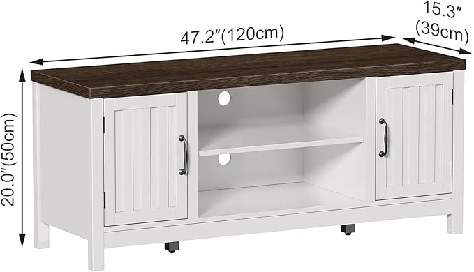 ChooChoo Farmhouse TV Stand, Wood Fluted Door Entertainment Center with Storage Cabinets and Open Shelves, Rustic Media Console up to 55 inches for Living Room, Bedroom, White