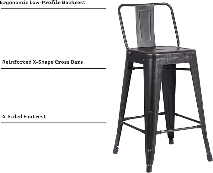 AC Pacific 24” Metal Barstool Set of 4 – Country Rustic Style with Low Back, Lightweight & Sturdy Build, Easy Assembly – Distressed Black