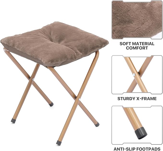 MoNiBloom Round Folding Faux Fur Saucer Chair for Bedroom Living Room Dorm Foldable Metal Frame Oversized Large Comfy Furry Padded Soft Cozy Moon Chair with Footrest Ottoman for Adults (Beige)