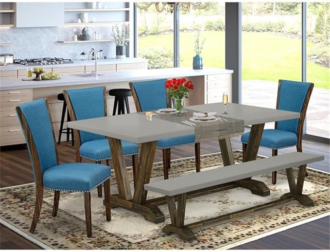 East West Furniture V797VE721-6 6 Piece Dinette Set Contains a Rectangle Dining Table with V-Legs and 4 Blue Color Linen Fabric Parson Chairs with a Bench, 40x72 Inch, Multi-Color