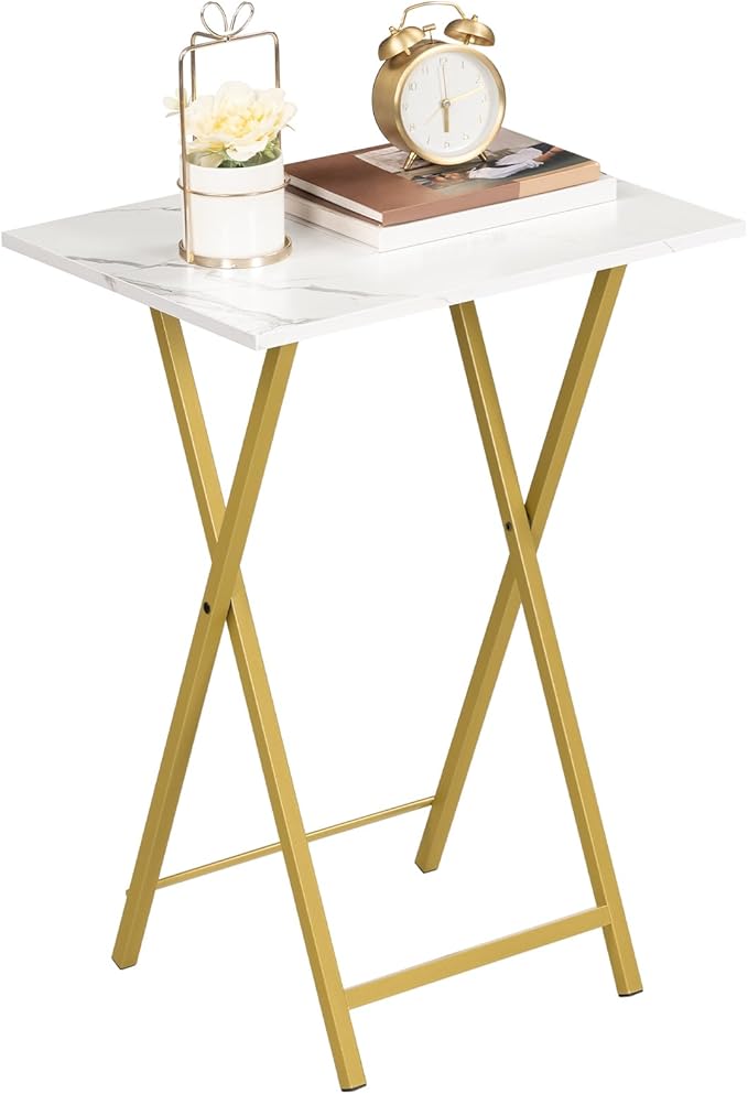 HOOBRO Folding TV Tray Tables, Set of 4 TV Trays with Storage Rack, Industrial Side Table for Eating at Couch, Foldable Snack Table for Small Space, Easy Assembly, Marble and Gold DM50BZ01