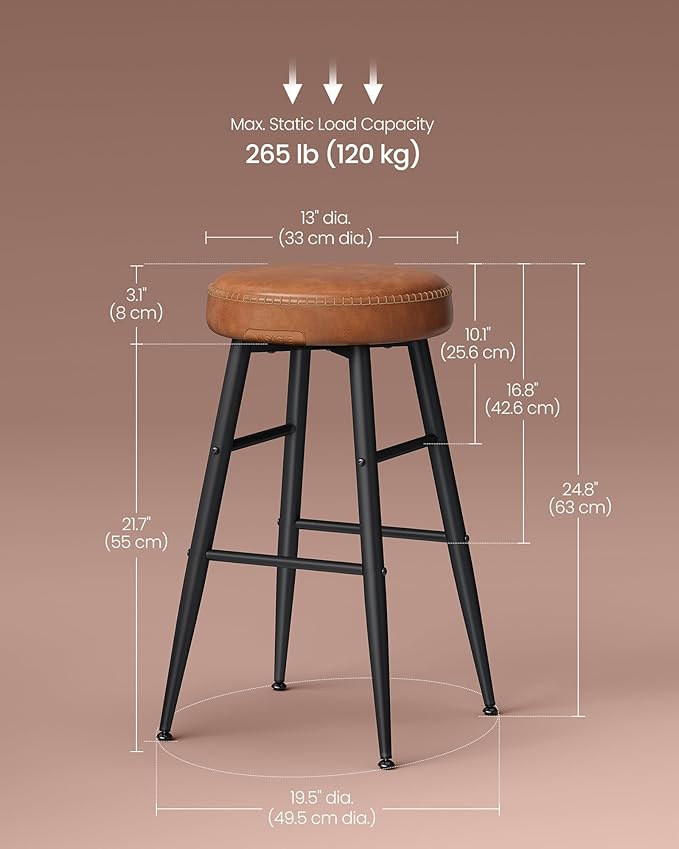 VASAGLE EKHO Collection - Bar Stools Set of 2, Counter Height Bar Stools, Kitchen Counter Stools, Mid-Century Modern Backless Counter Stools, 24.8-Inch Tall, Kitchen Island Home Bar, Caramel Brown