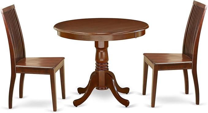 East West Furniture ANIP3-MAH-W 3 Piece Dining Set Contains a Round Dining Room Table with Pedestal and 2 Wood Seat Chairs, 36x36 Inch, Mahogany