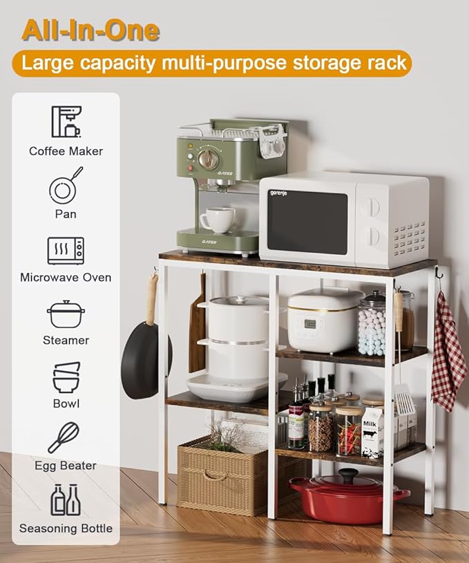 Artibear 4-Tier Kitchen Microwave Oven Stand, Adjustable Coffee Bar Station for Small Appliance, Baker's Rack with 4 Hooks & 5 Storage Shelves, Utility Rack for Kitchen, Living Room, Office, White