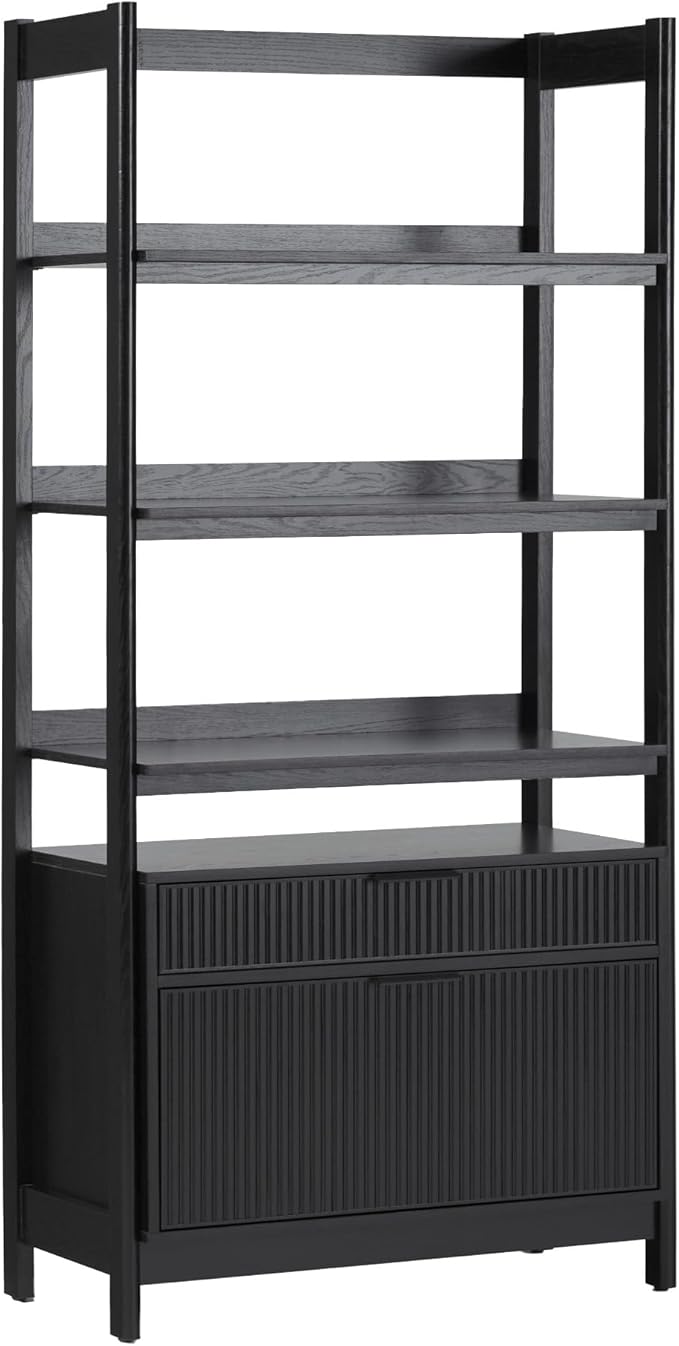 Walker Edison Transitional Open Reeded 4-Shelf Bookshelf with Drawers Versatile Bookcase with Bottom Storage for Home Office, Living Room, Bedroom, 33 Inch, Black