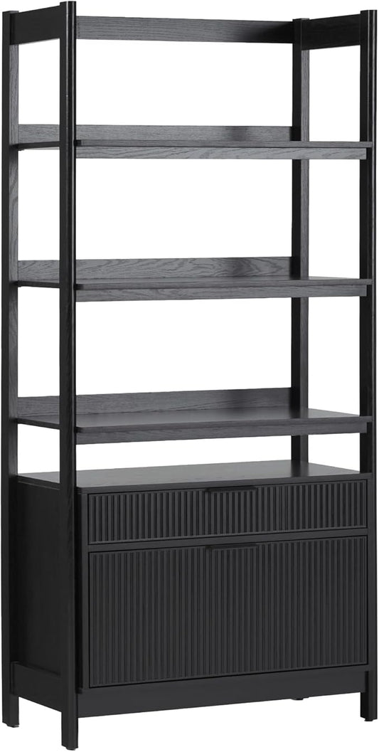 Walker Edison Transitional Open Reeded 4-Shelf Bookshelf with Drawers Versatile Bookcase with Bottom Storage for Home Office, Living Room, Bedroom, 33 Inch, Black