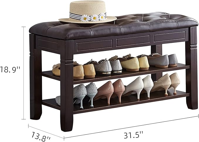 Shoe Storage Bench, Entryway Shoe Rack with Fiberleather Seat 2-Tier Lift Top Organizer Wooden Shoe Bench for Entryway Hallway Living Room (Dark Brown 31.5x13.8x18.9'')