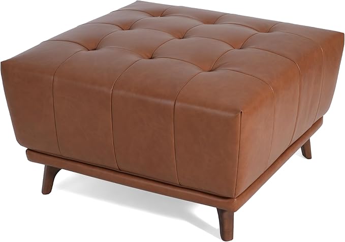 Christopher Knight Home Kinsley Square Ottoman Footstool, Ottoman Chair with Large Seat, Faux Leather Upholstery Coffee Table, Modern Side Table for Living Room Bedroom Home Decor, Brown