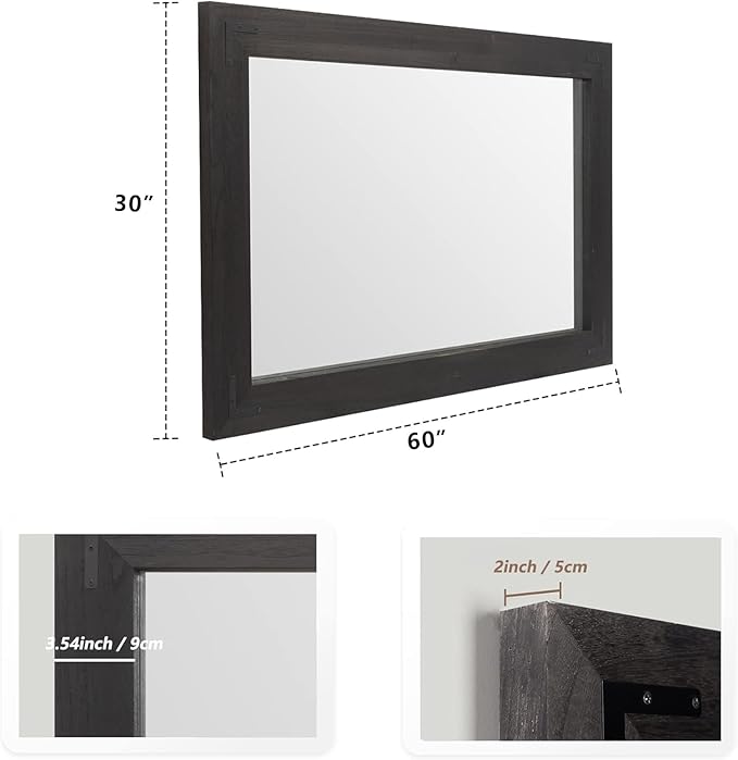 YOSHOOT Rustic Wooden Framed Wall Mirror, Natural Wood Bathroom Vanity Mirror for Farmhouse Decor, Vertical or Horizontal Hanging, 60" x 30", Black