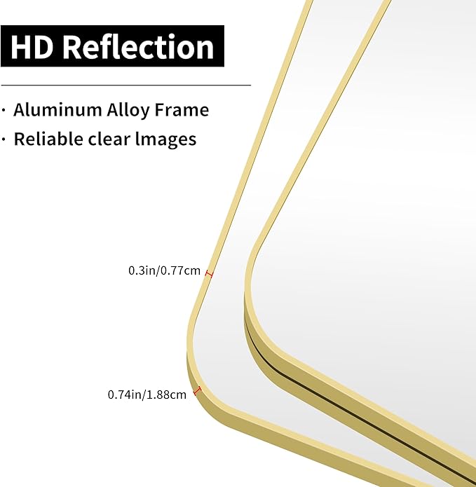 36"x48" Bathroom Mirror, Gold Rectangle Mirror, Large Rectangular Wall Mirror, Rounded Corner Vanity Mirror with Aluminum Metal Frame for Bathroom Bedroom Living Room Horizontal/Vertical