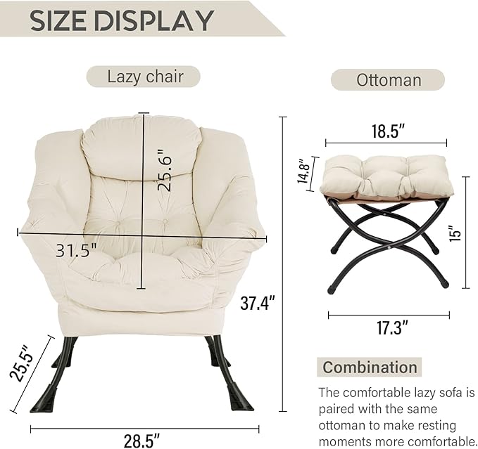 LITA Lazy Chair with Ottoman, Accent Contemporary Lounge Single Leisure Upholstered Sofa Set Armrests and a Side Pocket, Reading for Living Room & Bedroom, Beige 10.6D x 28.3W x 36.6H in