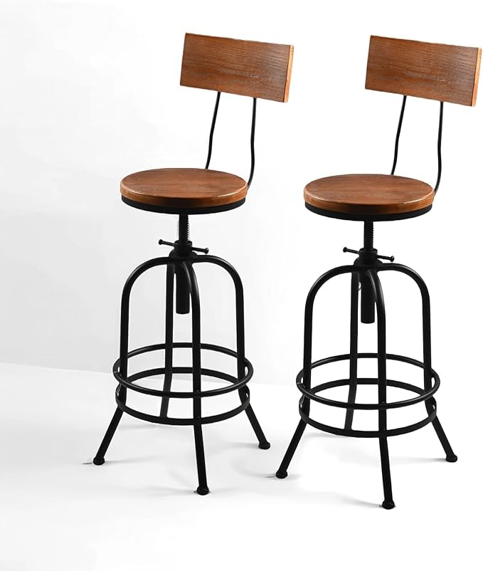 LOKKHAN Industrial Bar Stool-26-32 Inch Adjustable Swivel Round Wood Metal Kitchen Stool Rustic Farmhouse Counter Height Extra Tall Bar Height Stool-Arc-Shaped Backrest,Welded,Set of 2