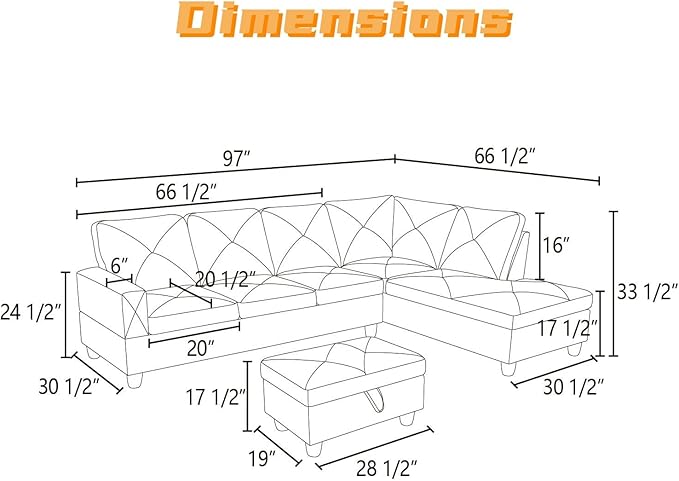 L Shaped Sectional Couch with Otttoman, 97" Leather Sectional Sofa for Living Room Modular Couches with Cup Holders for Bedroom, Apartments, Dark Grey