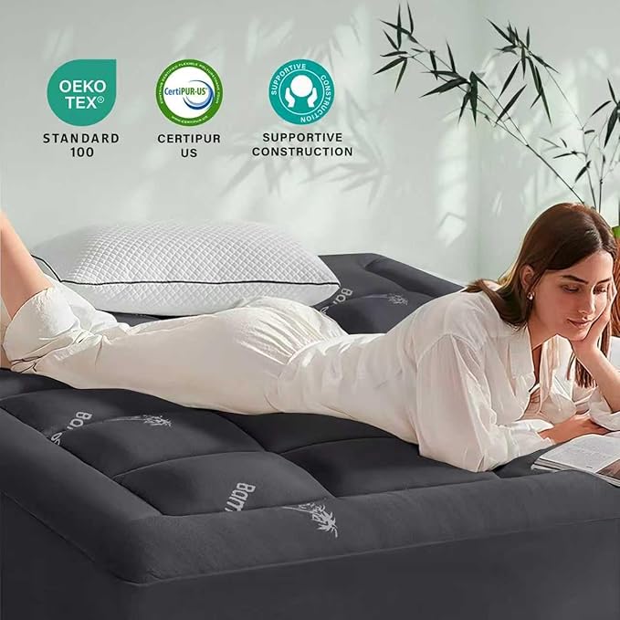 Anluoer Memory Foam Mattress Topper Full for Back Pain, Rayon Derived from Bamboo Pillow Top Mattress Topper for Hot Sleepers,Cooling Mattress Pad with 8-21" Deep Pocket, 54x75 Inches, Dark Grey