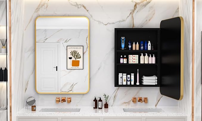 24x30 Inch Bathroom Medicine Cabinet with Mirror Gold Metal Framed Recessed or Surface Wall Mounted Mirrored Medicine Cabinets for Bathroom
