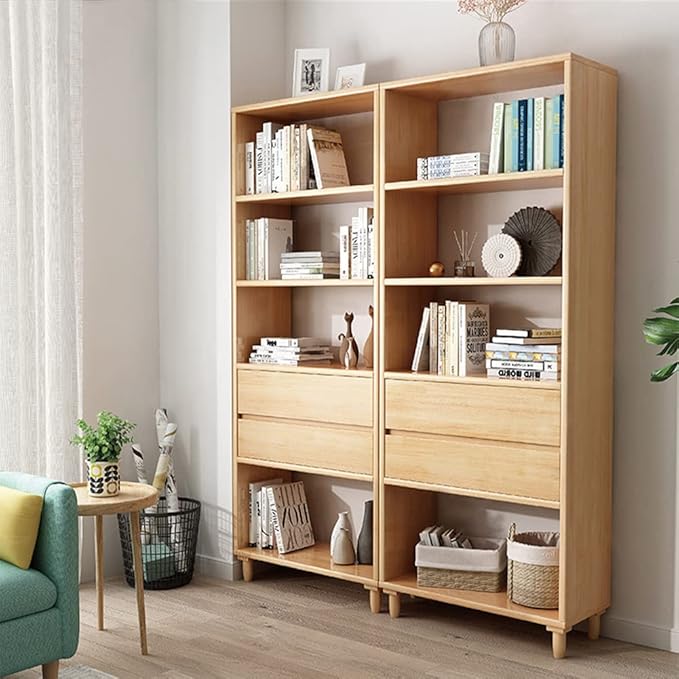 IOTXY Oak Mid-Century Bookcase with Legs - 67" Tall Open Shelves Cube Billy Bookshelf with Double Drawers for Home and Office