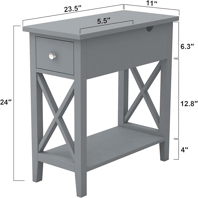 ChooChoo End Table, MDF Material Flip Top Narrow End Table with Drawer, Accent Small Side Table Nightstand for Living Room, Bedroom, and Small Spaces - Gray