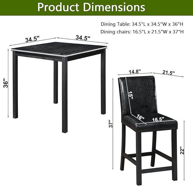 KEIKI 5-Piece Counter Height Dining Table Set with Square Table and 4 Upholstered Chair, for 4 Person, Classic Style Crystal Decoration Wooden Table Set, Easy Assembly, for Kitchen, Dining Room, Black